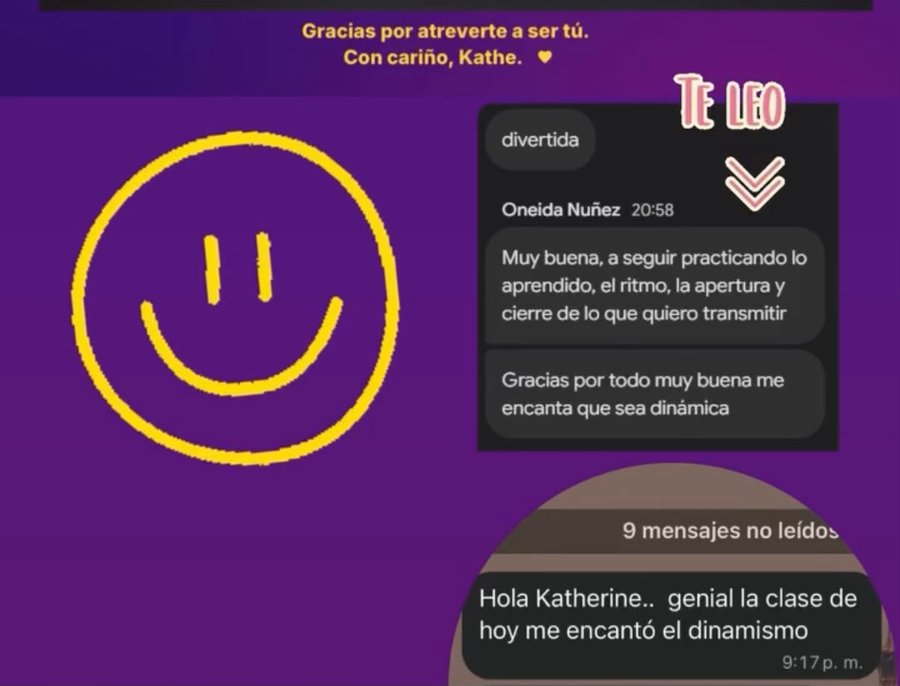 Mensajes de alumnas después de una clase: «genial la clase de hoy, me encantó el dinamismo»